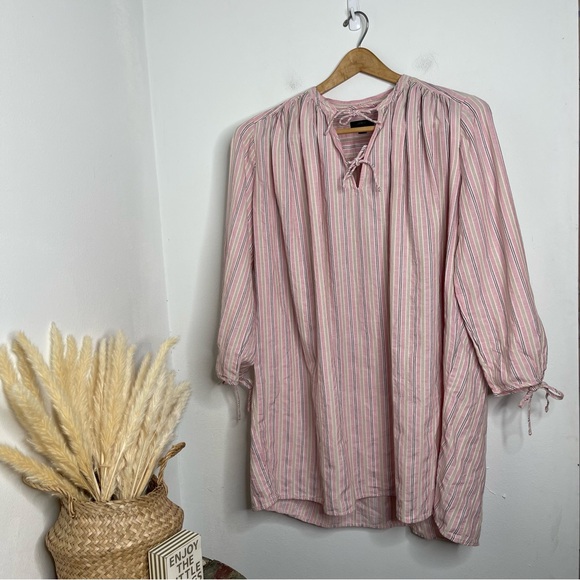 J.Crew Pink Striped Bow Tie Long Sleeve Cotton Poplin Dress M-L Cottage Vintage - Picture 4 of 16